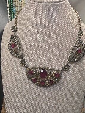 Coro Antique-Style Necklace with Rich Ruby Red Stones